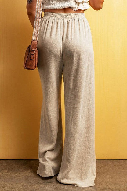 Beige Viscose Linen Floor Length Wide Leg Pants - Ro + Ivy