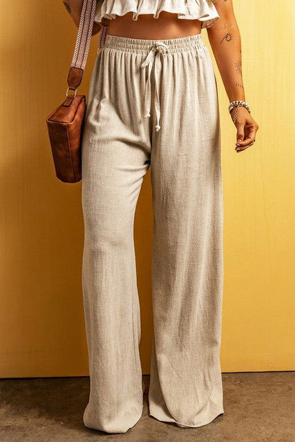 Beige Viscose Linen Floor Length Wide Leg Pants - Ro + Ivy