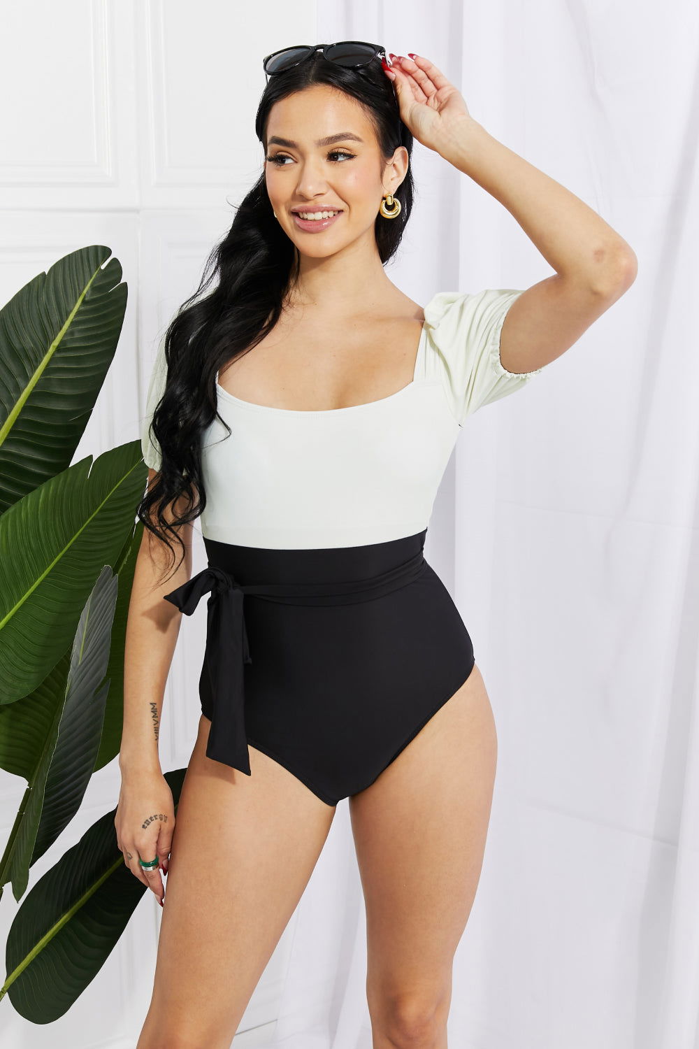 Salty Air Puff Sleeve One-Piece in Cream/Black for Women - Ro + Ivy