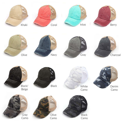 Criss-Cross Ponytail Trucker Hat — Stretch Back Opening Breathable Mesh - Baseball Caps