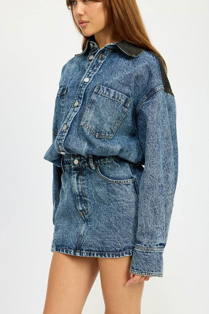 Button Up Denim Mini Dress - Ro + Ivy