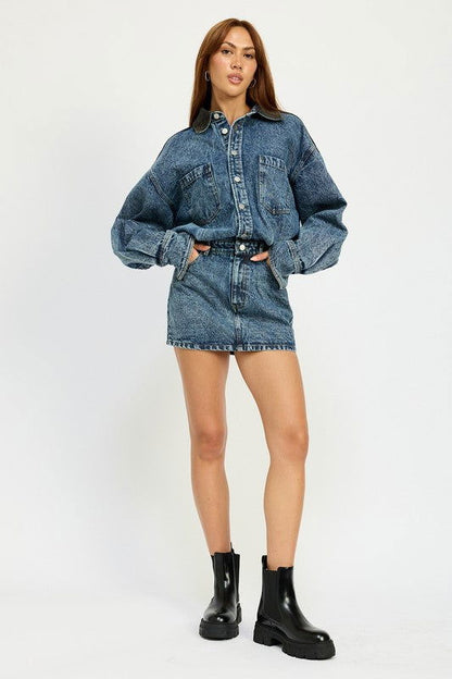 Button Up Denim Mini Dress - Ro + Ivy