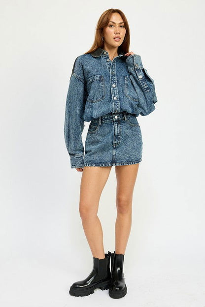 Button Up Denim Mini Dress - Ro + Ivy