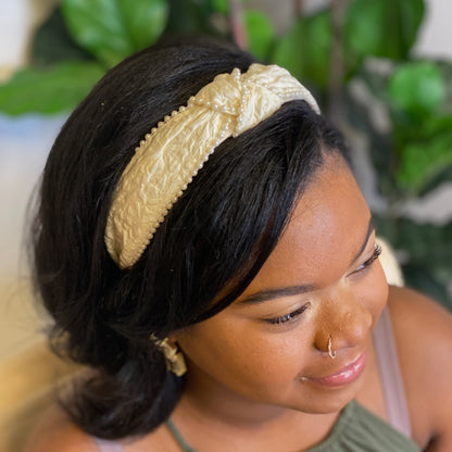 Knotted Pearl Embellished Headband — Embossed Fabric Structured Fit - Headbands