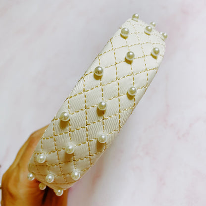 Quilted Pearl Embellished Headband — Hand-Nailed Detail Classic Style - Satin White Headbands