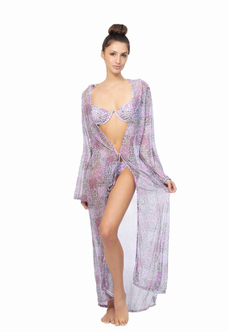 Patchwork Print Mesh Maxi Kimono Cover-Up — Lightweight Tie Waist Long Sleeve - Purple Cover Ups
