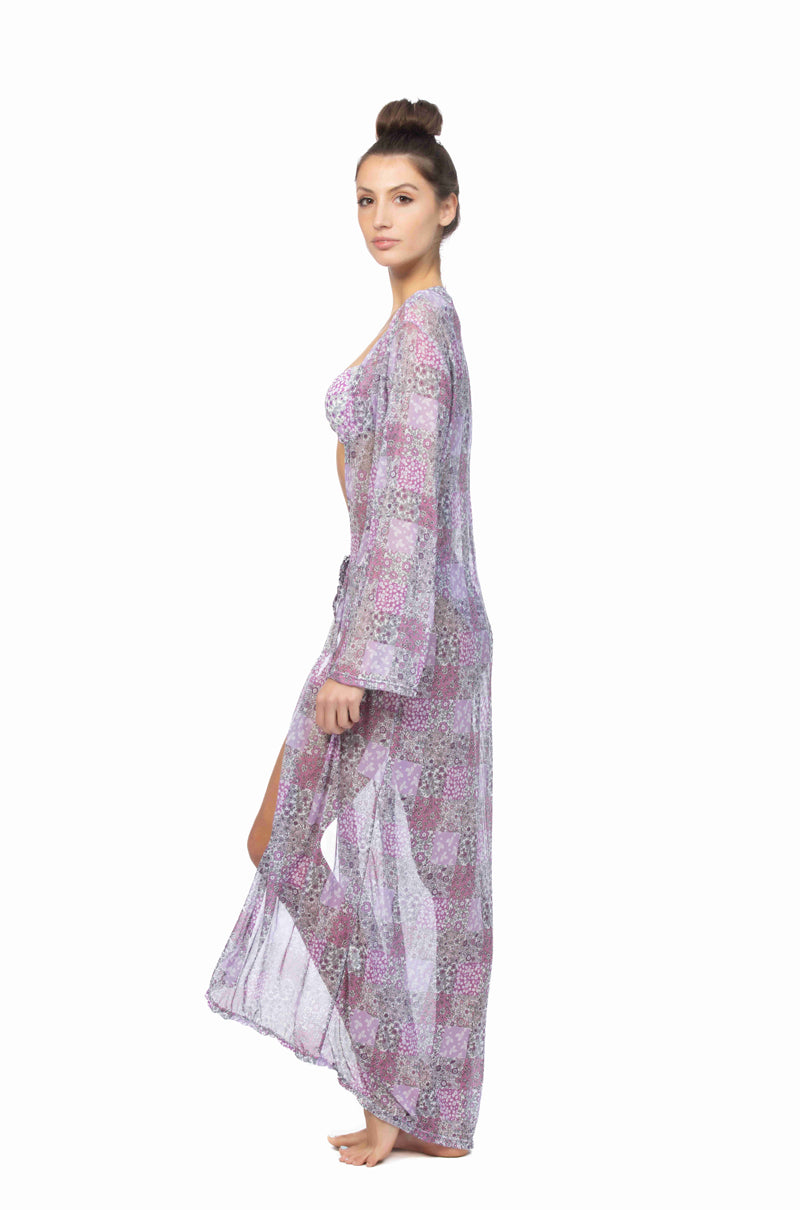 Patchwork Print Mesh Maxi Kimono Cover-Up — Lightweight Tie Waist Long Sleeve - Cover Ups