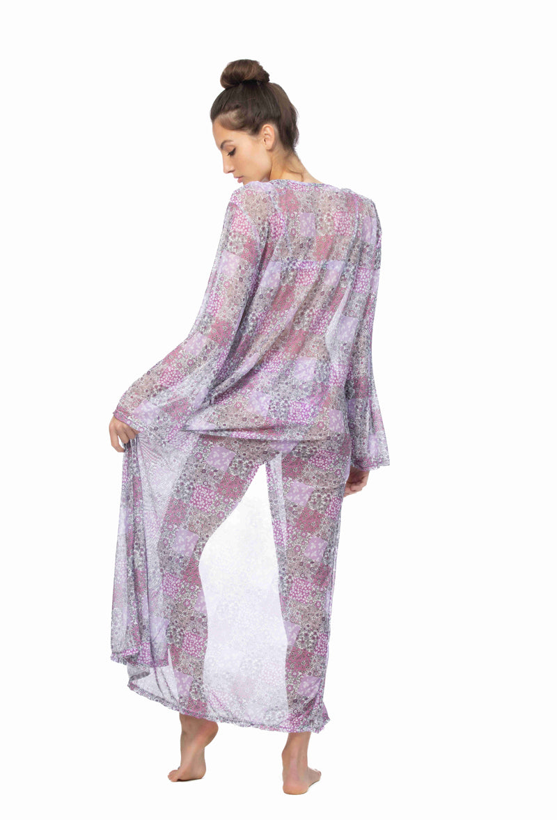 Patchwork Print Mesh Maxi Kimono Cover-Up — Lightweight Tie Waist Long Sleeve - Cover Ups