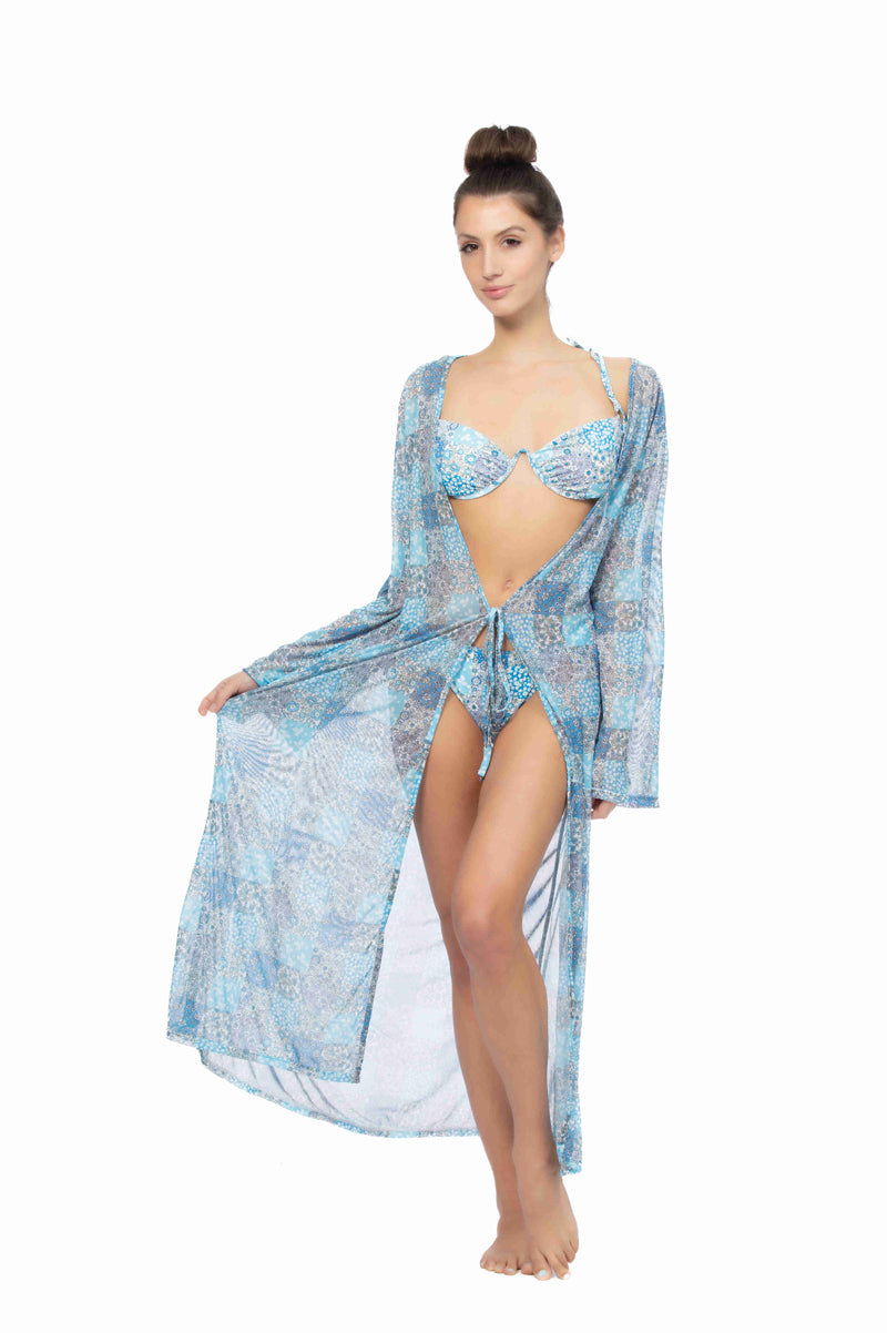 Patchwork Print Mesh Maxi Kimono Cover-Up — Lightweight Tie Waist Long Sleeve - Cover Ups