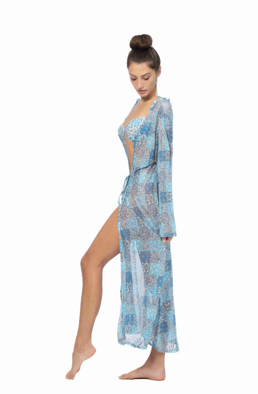 Patchwork Print Mesh Maxi Kimono Cover-Up Lightweight Tie Waist Long Sleeve