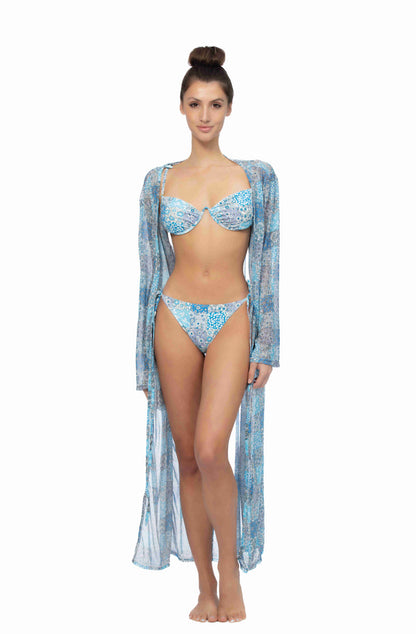 Patchwork Print Mesh Maxi Kimono Cover-Up — Lightweight Tie Waist Long Sleeve - Blue Cover Ups