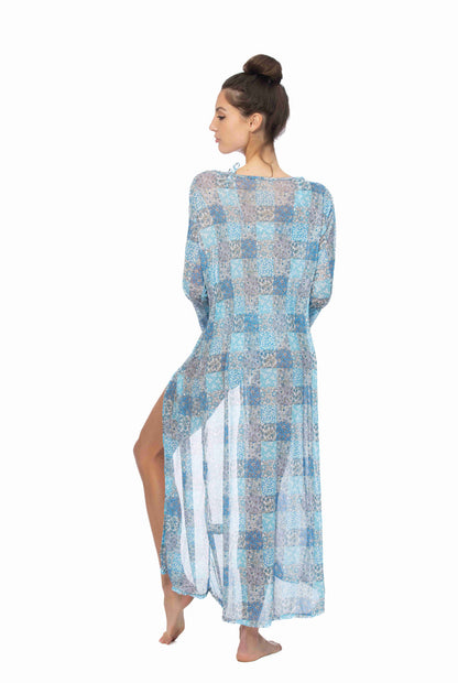 Patchwork Print Mesh Maxi Kimono Cover-Up — Lightweight Tie Waist Long Sleeve - Cover Ups