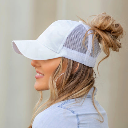 Camo Messy Bun Baseball Cap — High Ponytail Opening Snapback Mesh Back - Baseball Caps