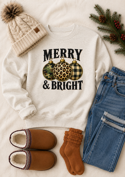 Camo Leopard and Check Print Graphic Sweatshirt with Holiday Bulb Design Oatmeal Heather
