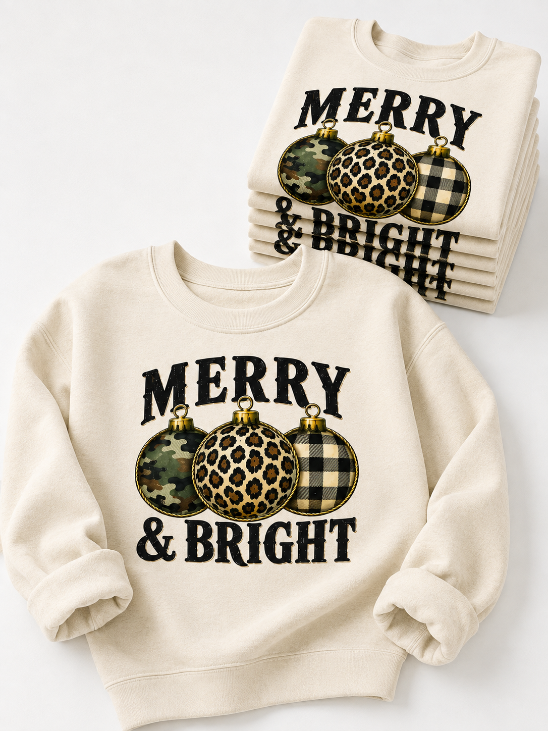 Camo Leopard and Check Print Graphic Sweatshirt with Holiday Bulb Design
