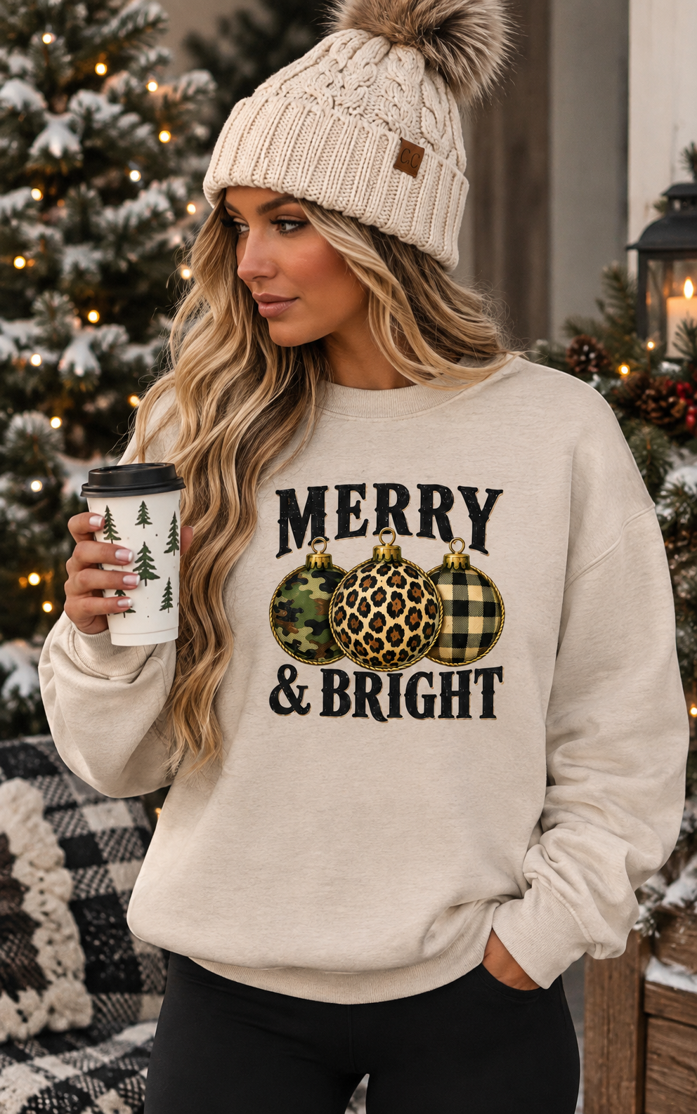 Camo Leopard and Check Print Graphic Sweatshirt with Holiday Bulb Design Sand