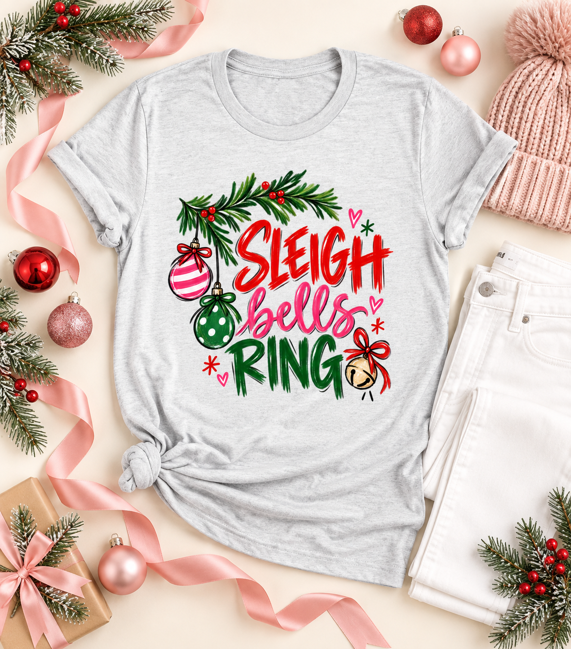 Sleigh Bells Ring Holiday Graphic Tee with Festive Lettering Ash