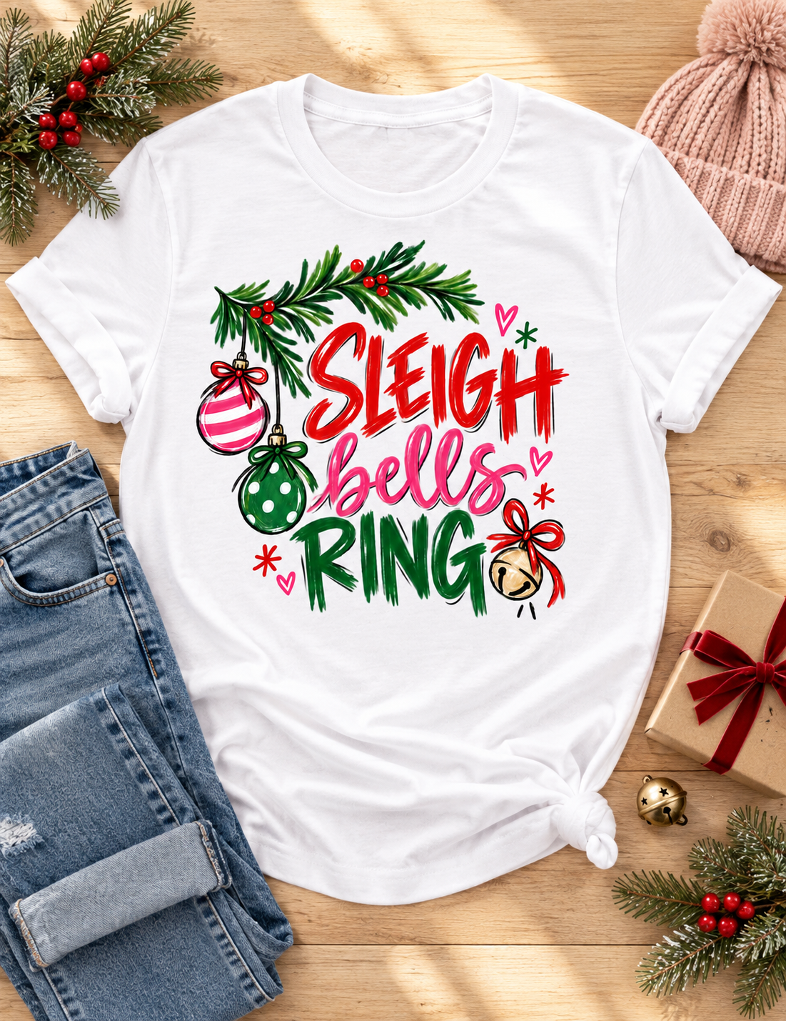 Sleigh Bells Ring Holiday Graphic Tee with Festive Lettering White