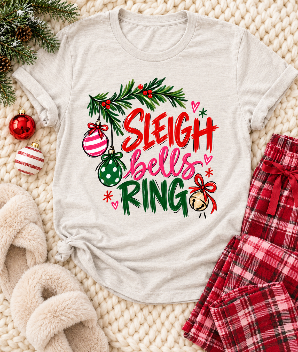Sleigh Bells Ring Holiday Graphic Tee with Festive Lettering Heather Dust