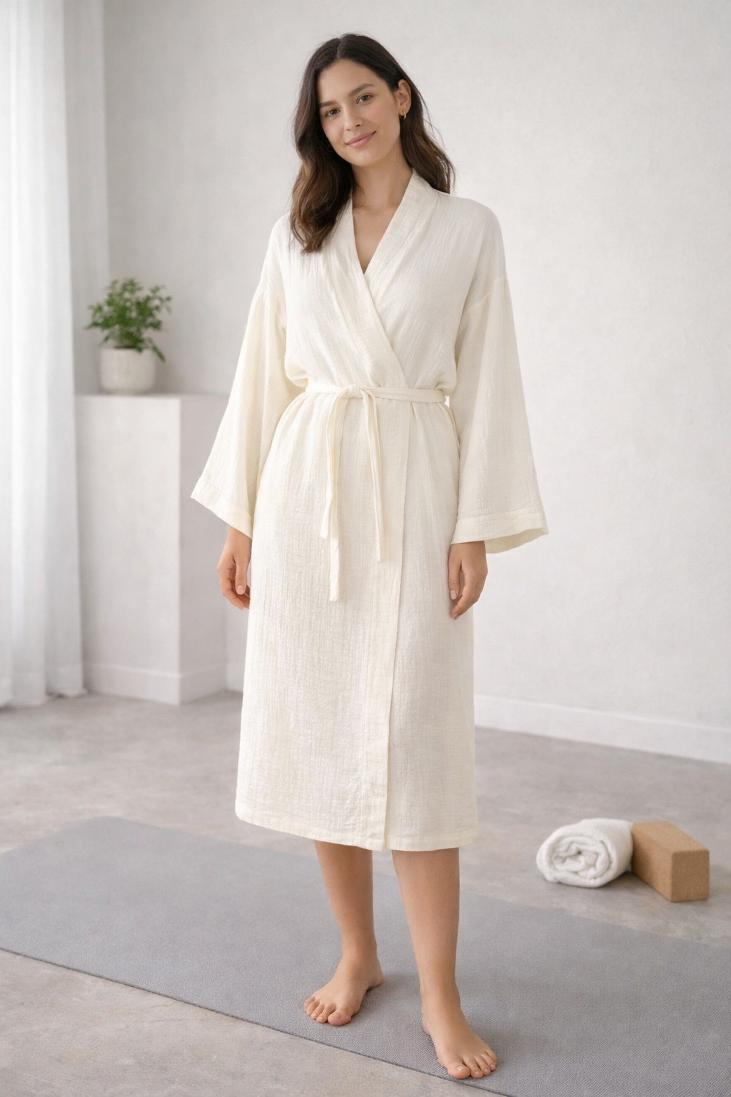 Women's Cotton Muslin Wrap Robe — Lightweight Breathable Belted Loose Sleeve Airy Style - Robes