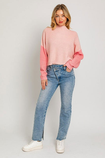 Color Block Oversize Mock Neck Sweater - Ro + Ivy