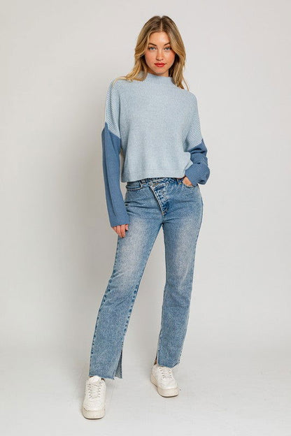 Color Block Oversize Mock Neck Sweater - Ro + Ivy