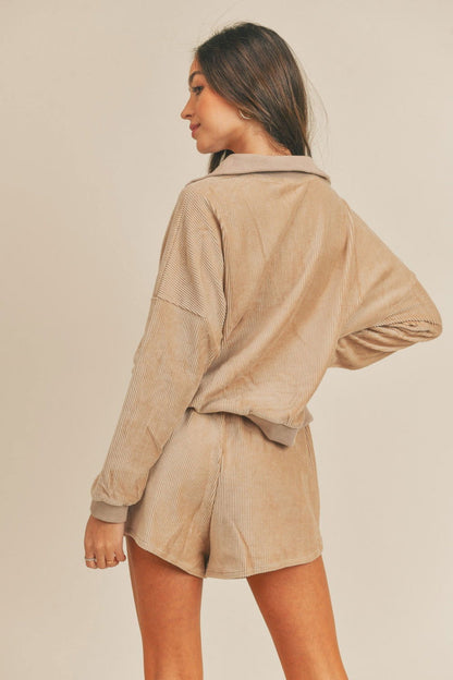 Corduroy Half Zip Top and Shorts Set – outfit idea for women | Ro + Ivy