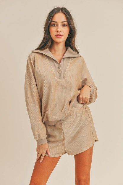 Corduroy Half Zip Top and Shorts Set – outfit idea for women | Ro + Ivy