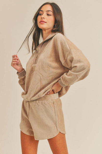 Corduroy Half Zip Top and Shorts Set – outfit idea for women | Ro + Ivy