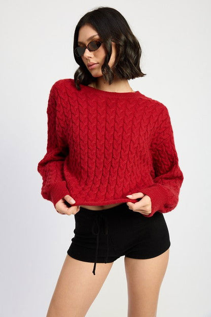 Crewneck Cable Knit Crop Sweater – DARK RED outfit idea for women | Ro + Ivy
