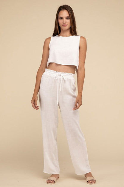 D-Linen Blended Top And Pants Set – OFF WHITE outfit idea for women | Ro + Ivy