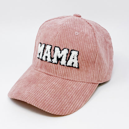 Corduroy MAMA Baseball Cap — Fuzzy Patch Letter Curved Brim Adjustable Fit - Baseball Caps