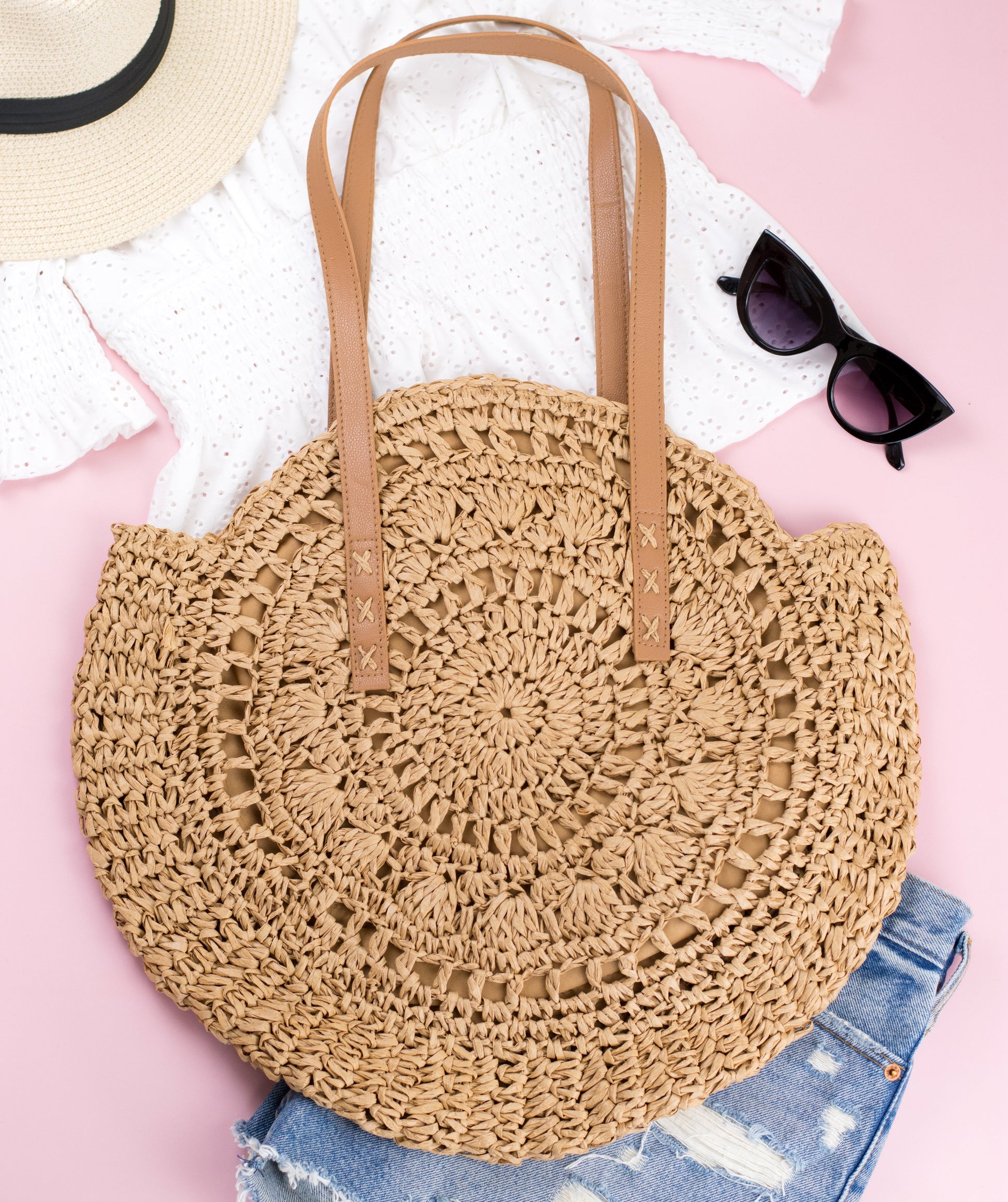 Straw Circle Tote Bag — Boho Beach-to-Date Night Versatile All-Season Style - Khaki Tote Bags