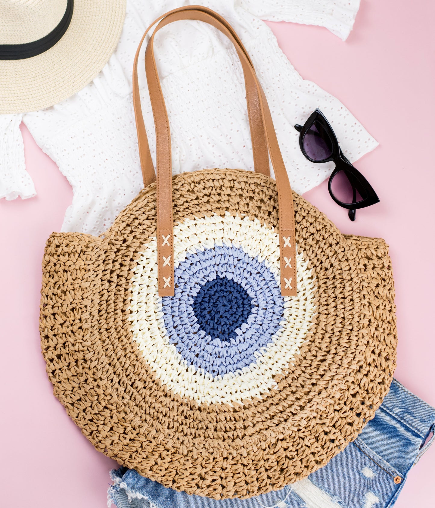 Straw Circle Tote Bag — Boho Beach-to-Date Night Versatile All-Season Style - Khaki Blue Tote Bags