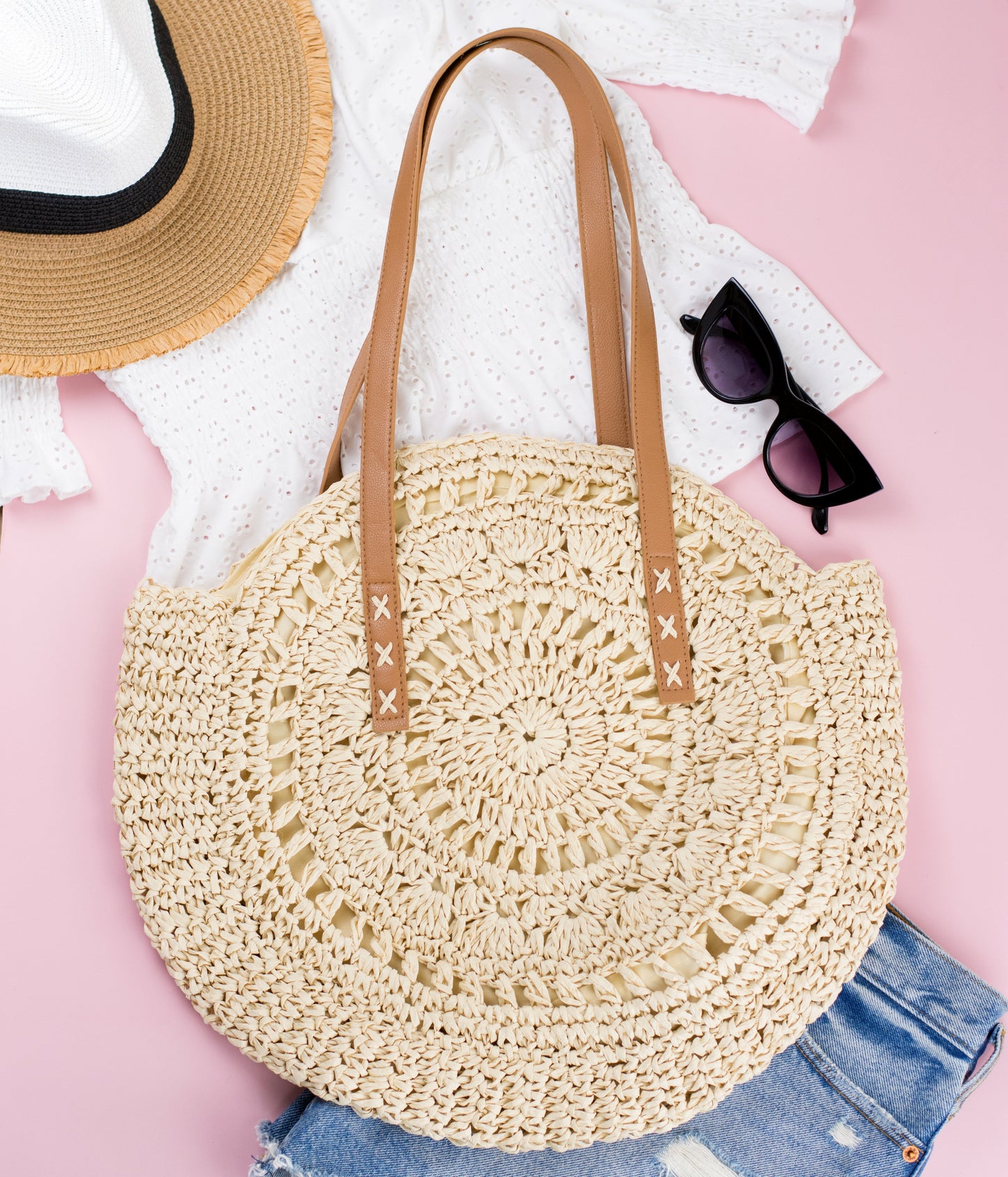 Straw Circle Tote Bag — Boho Beach-to-Date Night Versatile All-Season Style - Straw Tote Bags