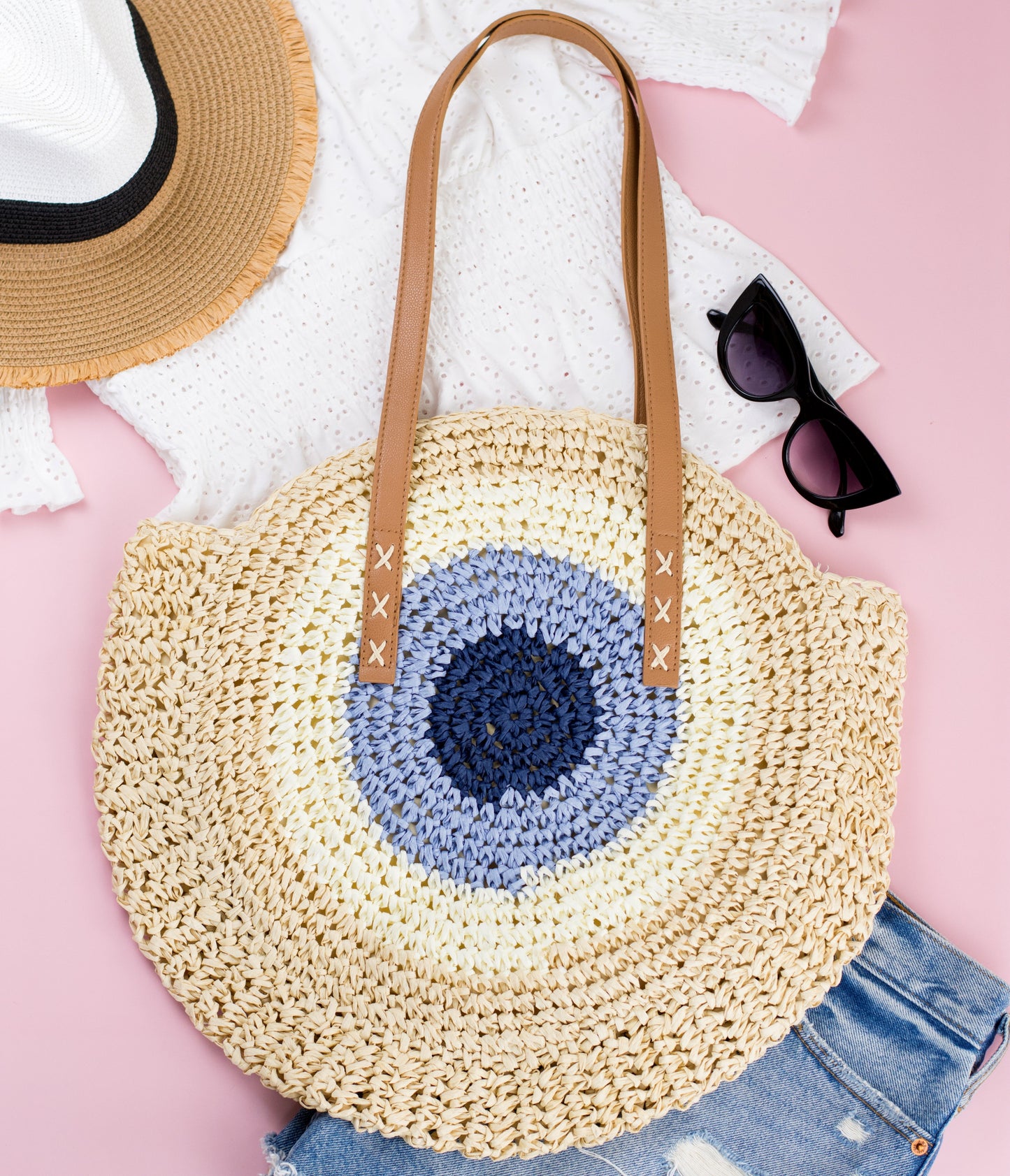 Straw Circle Tote Bag — Boho Beach-to-Date Night Versatile All-Season Style - Straw Blue Tote Bags