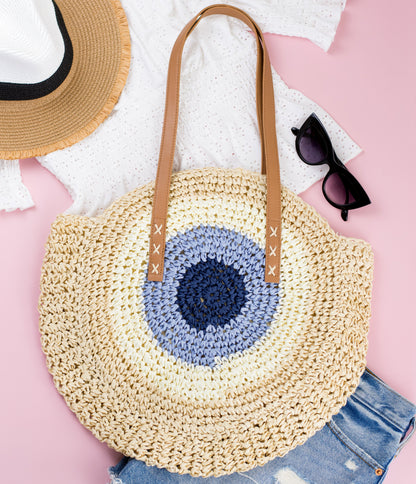 Straw Circle Tote Bag — Boho Beach-to-Date Night Versatile All-Season Style - Straw Blue Tote Bags