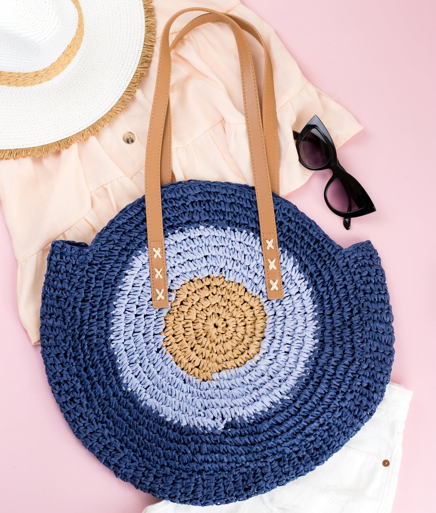 Straw Circle Tote Bag — Boho Beach-to-Date Night Versatile All-Season Style - Navy Tote Bags