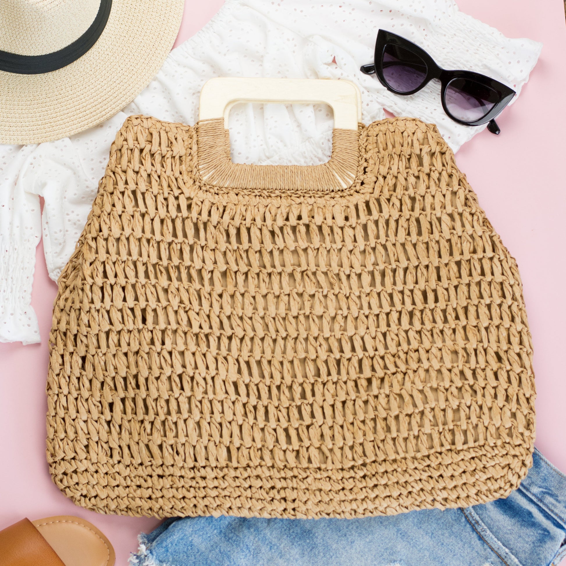 Oversized Straw Tote - Khaki
