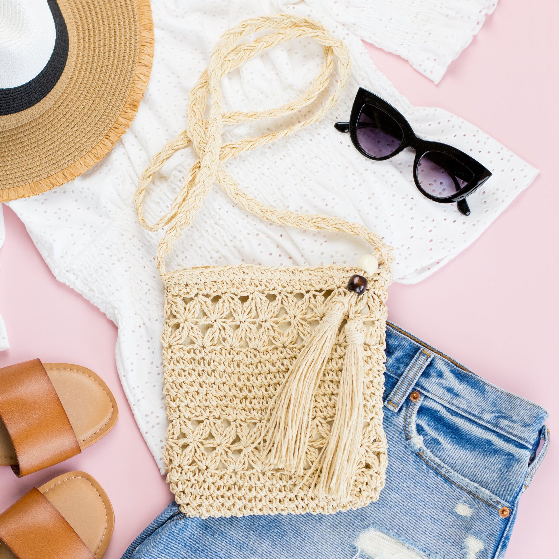 Woven Straw Tassel Accent Crossbody Bag - Straw