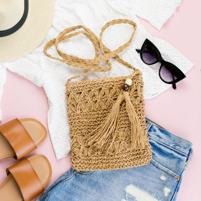 Woven Straw Tassel Accent Crossbody Bag - Khaki