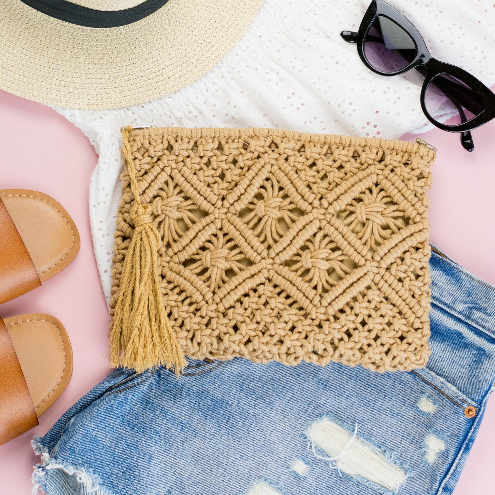 Macramé Tassel Woven Clutch — Dreamy Boho Vibe Day-to-Night Versatile Style - Khaki Clutch