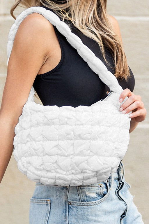 Dale Quilted Puffer Shoulder Bag – White OneSize outfit idea for women | Ro + Ivy