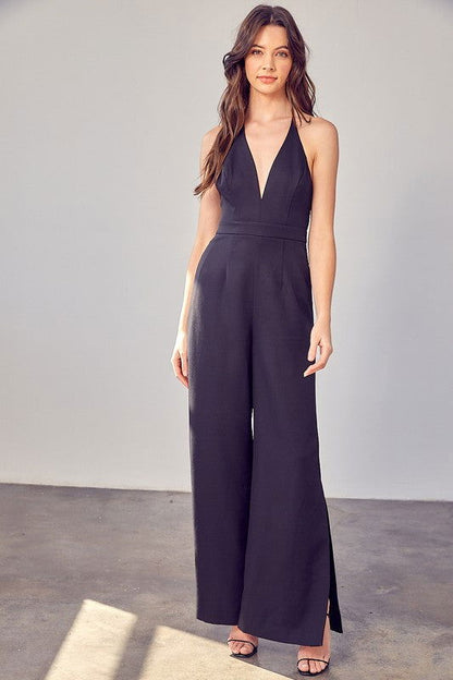 Deep V-Neck Wide Leg Jumpsuit - Ro + Ivy