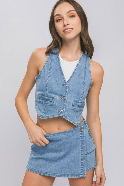 Denim Buttoned Vest Top - Ro + Ivy