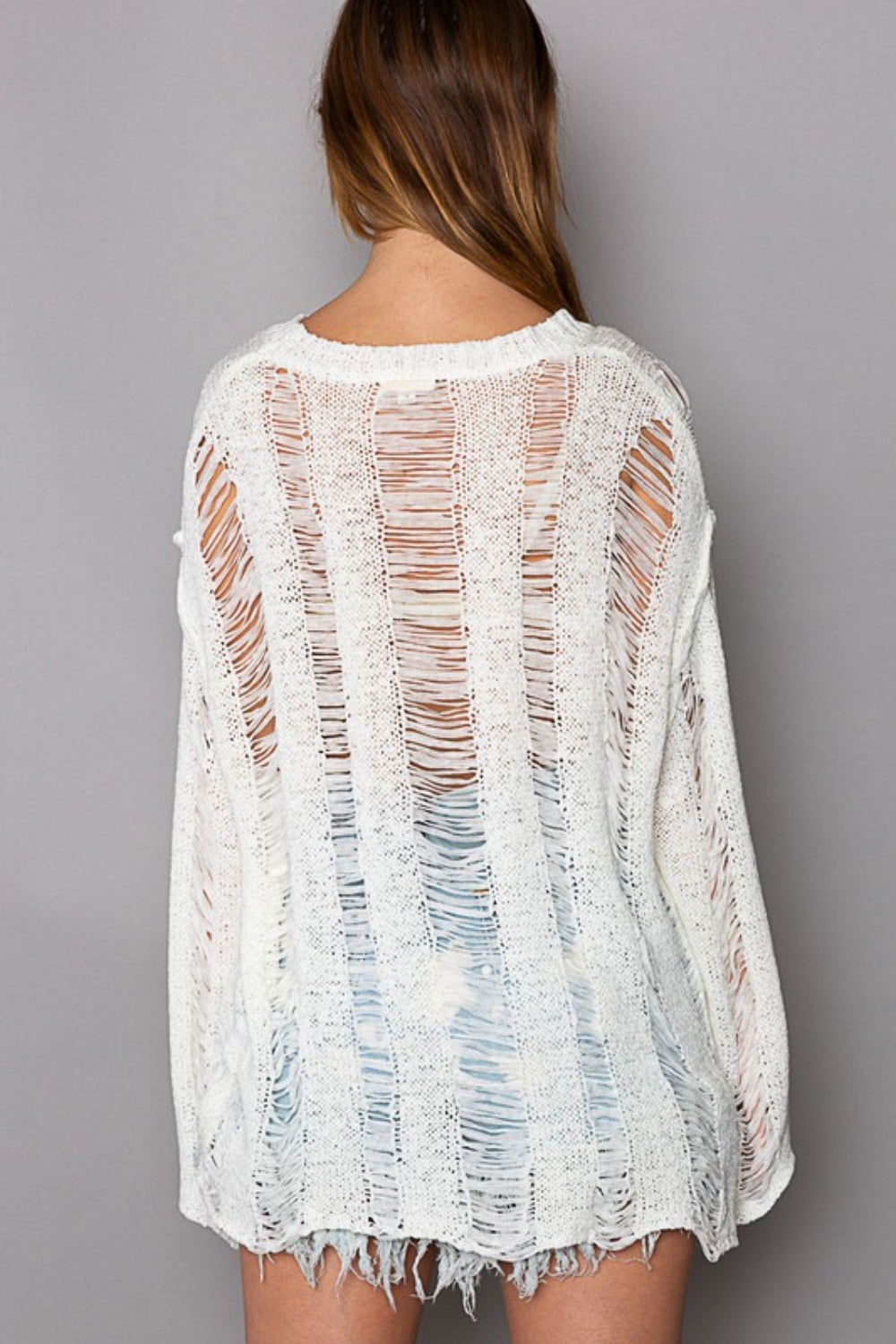 Distressed Round Neck Long Sleeve Knit Cover Up for Women in Ivory - Ro + Ivy