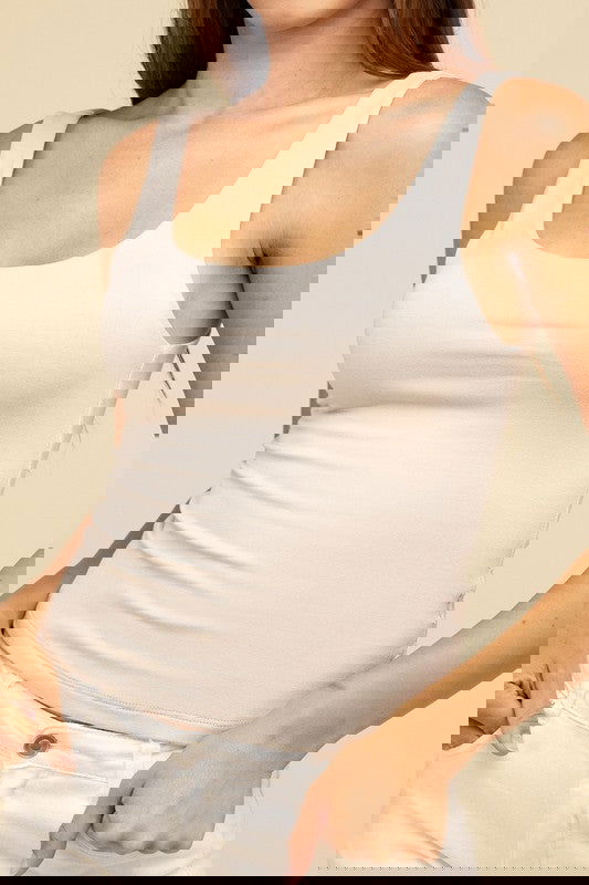 Basic Double Layer Round Neck Tank Top – SAND BEIGE outfit idea for women | Ro + Ivy