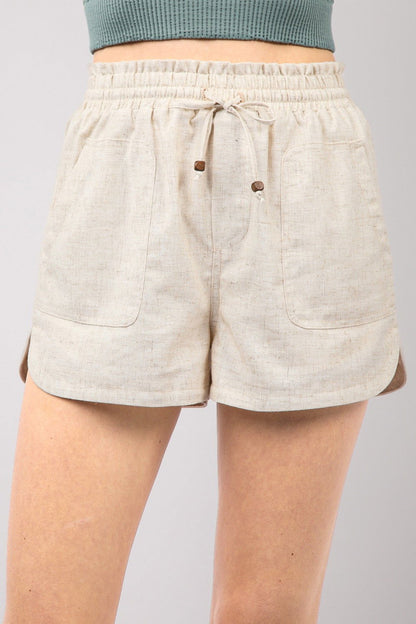 Drawstring Elastic Waist Linen Shorts – Oatmeal outfit idea for women | Ro + Ivy
