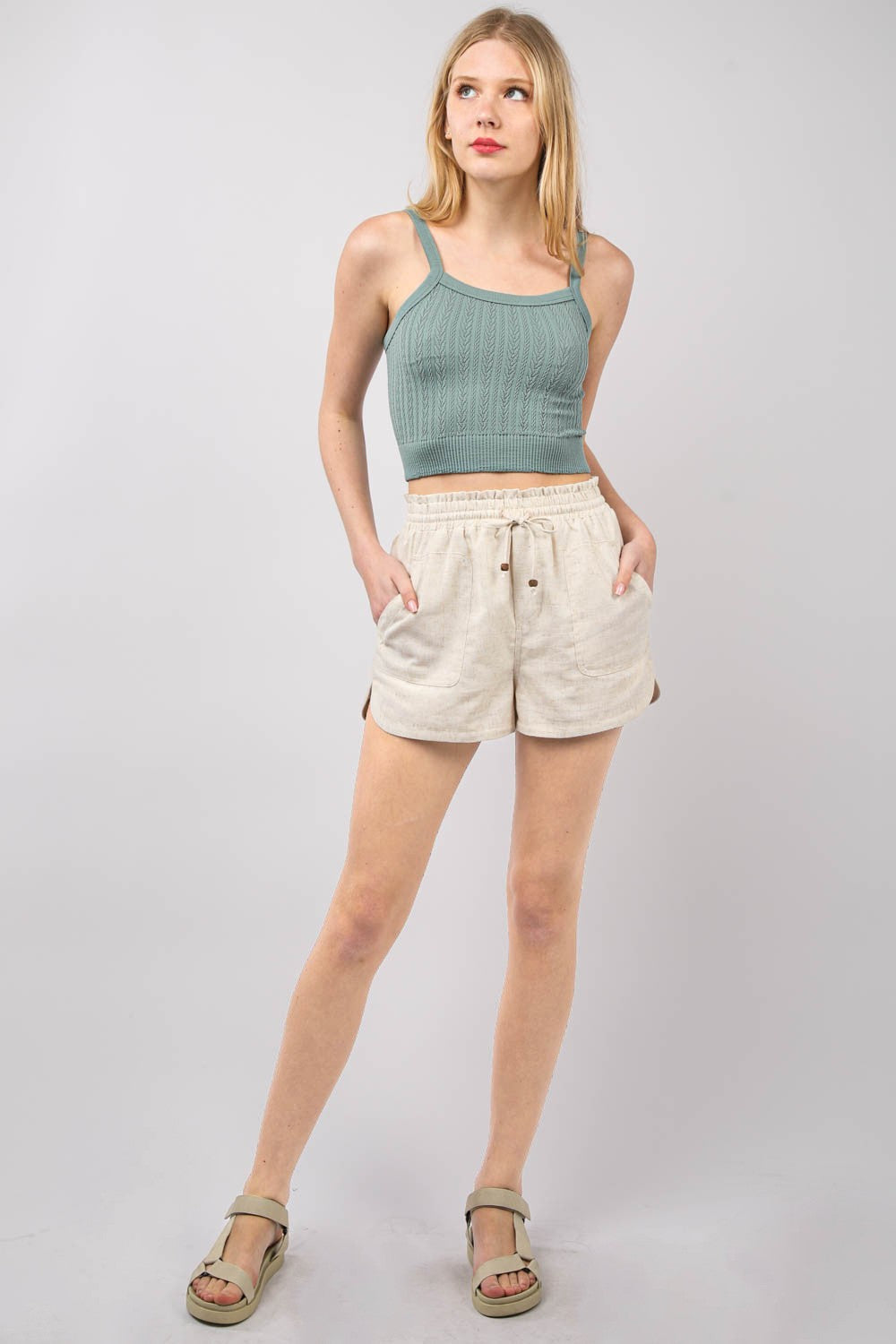 Drawstring Elastic Waist Linen Shorts – outfit idea for women | Ro + Ivy