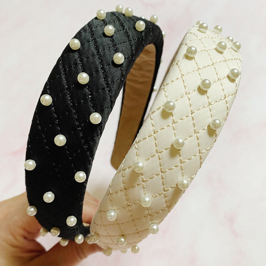 Quilted Pearl Embellished Headband — Hand-Nailed Detail Classic Style - Headbands